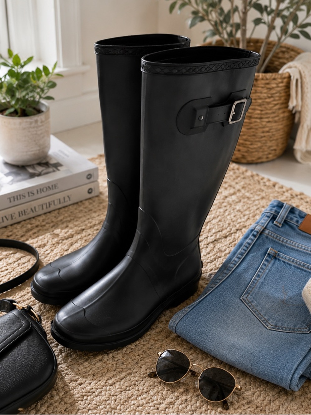 Kamik Classic Black Women's Tall Rain Boots with Side Buckle